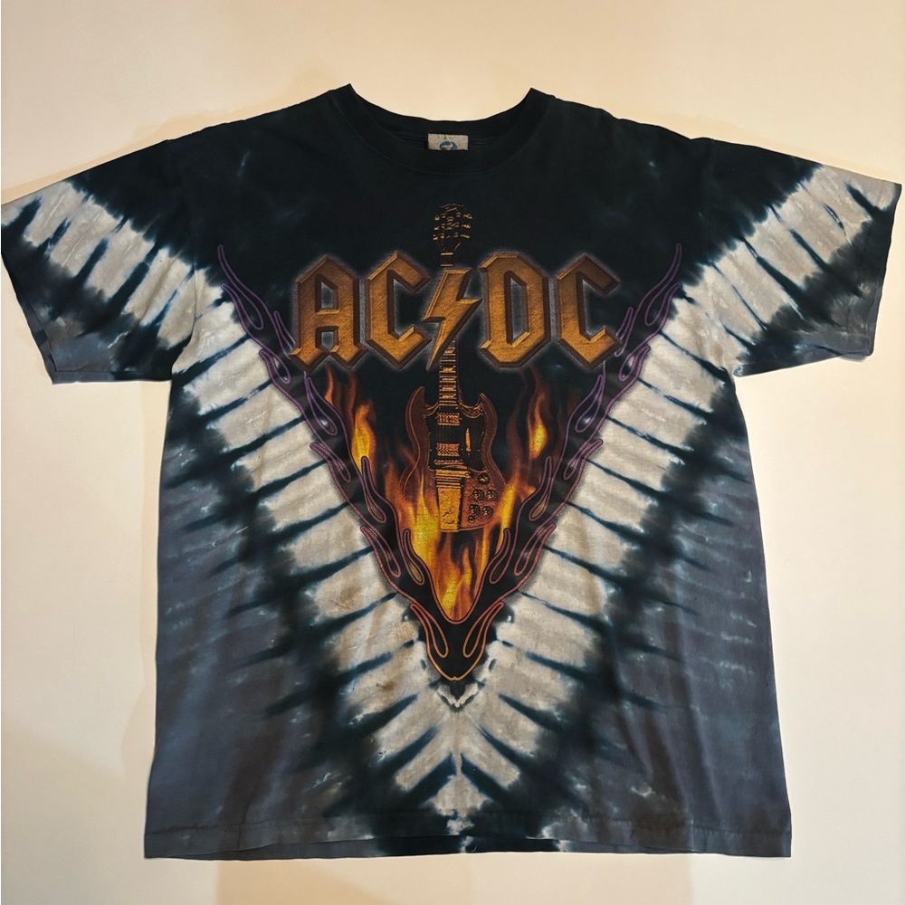 Vintage band shirt AC/DC hells bells liquid blue tie dye  (small holes/stains)
